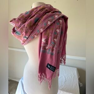 Gorgeous Rose Pink Floral Embroidery Cashmere Fringed lWrap/Scarf 26”x 76”